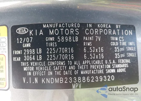 2008 Kia Sedona Lx from USA, damaged, VIN KNDMB233886239320